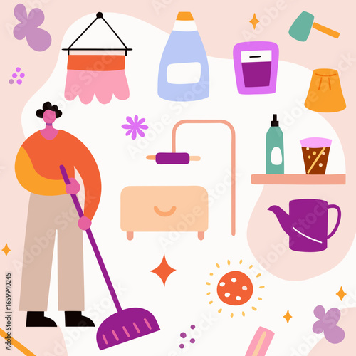 House cleaning, joyful mood, a person sweeping the floor, colorful background