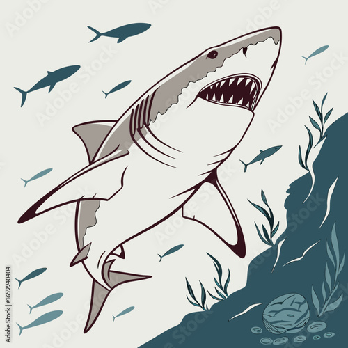 A large predatory shark with sharp teeth swims towards the viewer surrounded by small fish and underwater plants