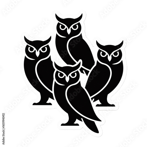 Four Black Owls:  Stylized Sticker Design, Mysterious and Wise, Vector Illustration.