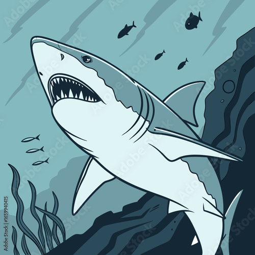 A menacing great white shark with sharp teeth swims aggressively in the deep blue ocean water near coral reefs