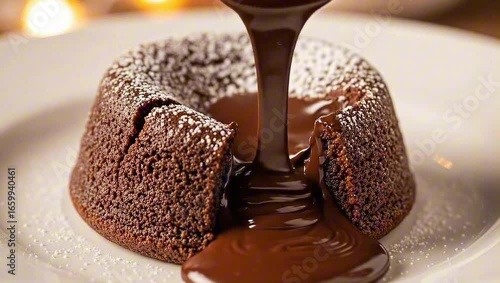 A close-up of a delicious molten chocolate cake with chocolate sauce. It's beautifully presented on a plate and dusted with powdered sugar. petit gateau