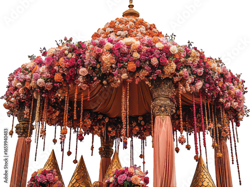 Detailed Flower Covered Wedding Canopy with Golden Accents and Draping on White Background