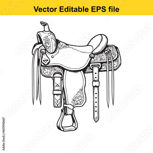 Detailed western horse riding saddle with stirrups and ornate design, isolated on white background