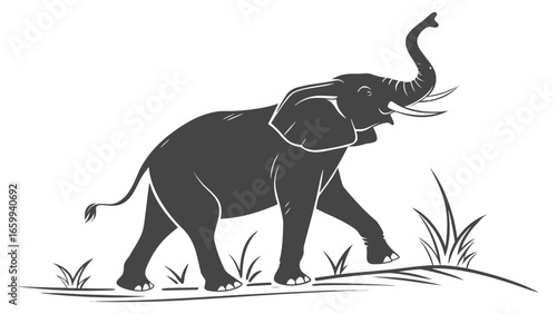 Majestic african elephant walking through tall grass with its trunk raised in a triumphant gesture