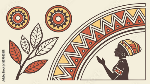 Stylized african woman in traditional headwear with geometric patterns and tribal motifs