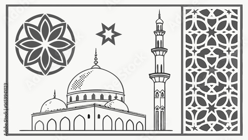 Stylized islamic architectural elements including a mosque with domes and minaret and geometric patterns