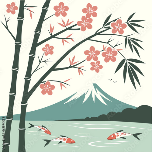 Stylized japanese landscape featuring mount fuji bamboo cherry blossoms and koi fish in water