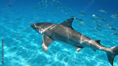 Wallpaper Mural A magnificent shark swimming gracefully through the clear, blue ocean, accompanied by a school of smaller fish Torontodigital.ca