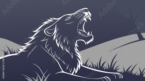 Stylized white lion roaring with its mouth wide open in a minimalist dark landscape