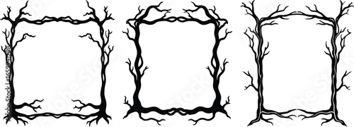 Vector art of three unique black and white square frames made from twisted tree branches and roots perfect for a spooky or rustic design