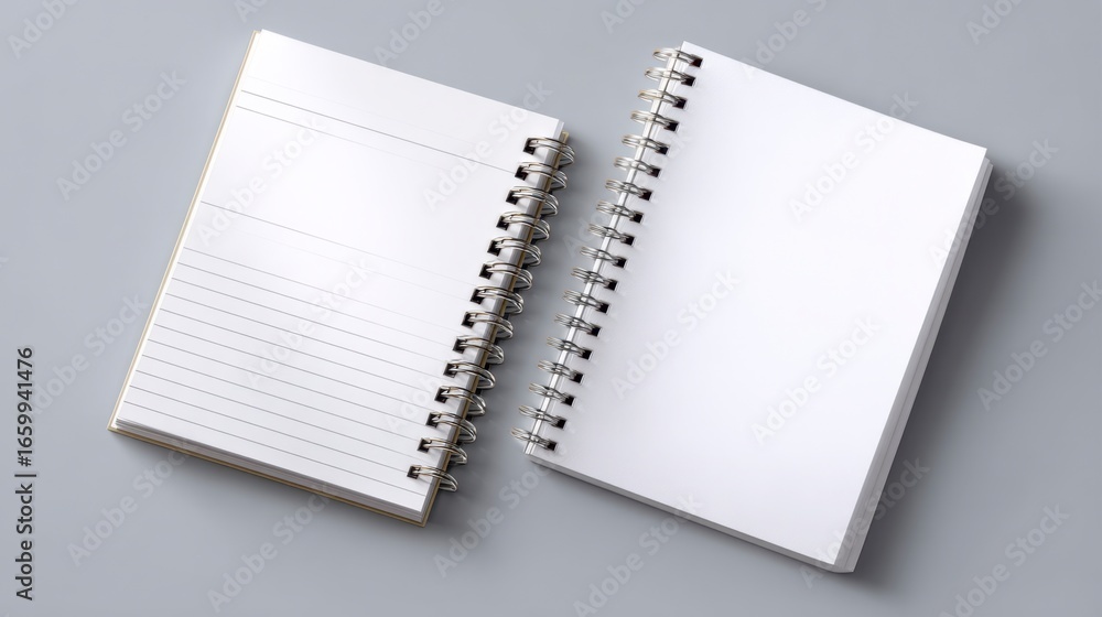 Notebooks and Creativity: Two open notebooks, one with lines and the other blank, invite endless possibilities for writing and creative expression. Ideal for journaling, note-taking, or sketching.