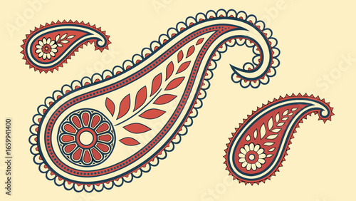 Traditional paisley pattern design with floral elements in red blue and cream colors