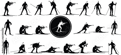 Biathlon athlete silhouette vector set, skiing and shooting poses, winter sports clipart, rifle stance illustration, dynamic motion design, Olympic artwork elements