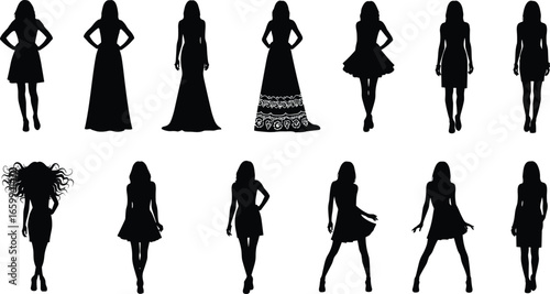 Female fashion silhouette vector set, elegant and casual dress styles, stylish woman clipart, runway pose illustration, garment design elements, black outfit artwork