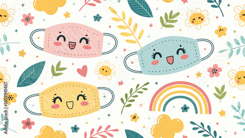 Adorable smiling kawaii face masks in a cheerful seamless pattern with flowers