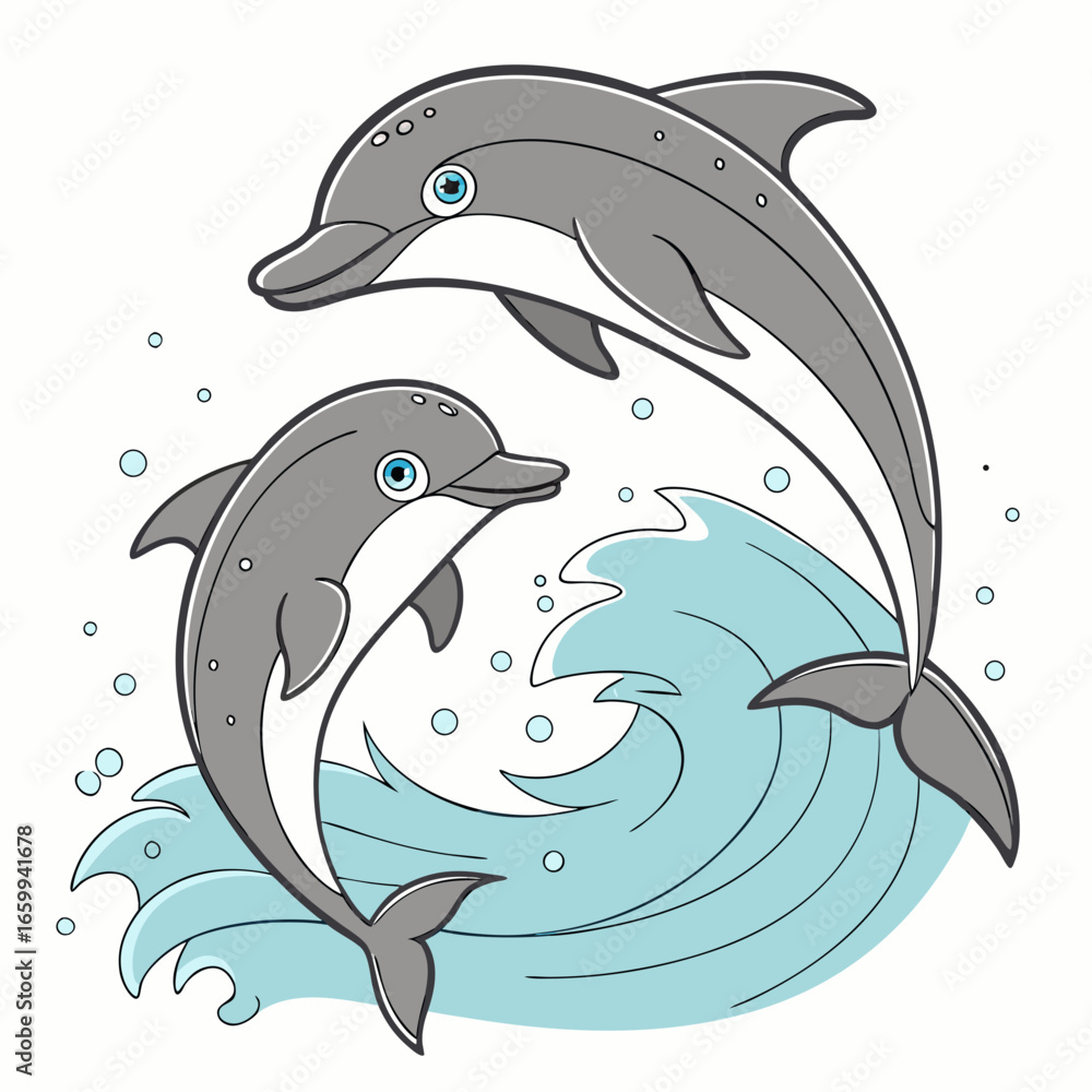 Obraz premium Two playful cartoon dolphins leaping and splashing in blue ocean waves with bubbles