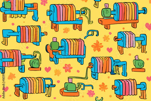 Whimsical Retro Pattern Colorful Machines and Flowers