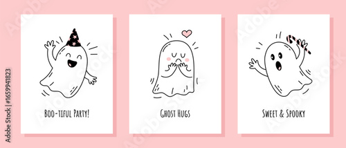 Halloween greeting cards set with cute ghosts in line art and themed inscriptions on a pink background. Hand Drawn Kawaii Doodle Characters. Festive Halloween illustrations for banners, templates