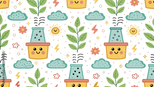 Cute Green Energy Pattern Sustainable Energy Sources and Smiling Plant-Powered Factory Cartoon