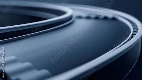 Close Up Of Blue Conveyor Belt System Industrial Machine with Mechanical Parts Smooth Surface and Curved Design Under Dark Studio Lighting