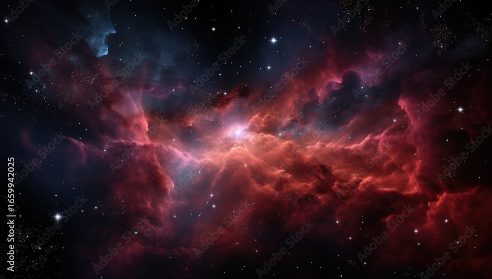 Fototapeta premium A vibrant red and purple nebula with bright stars scattered across a deep space background, showcasing cosmic clouds and celestial formations.