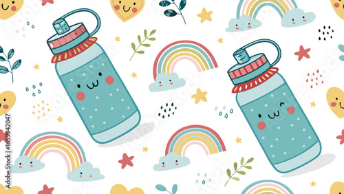 Cute kawaii water bottles with rainbows and hearts, a whimsical doodle pattern perfect for kids and bright designs