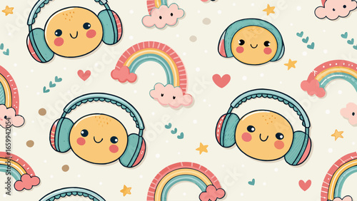 Cute Kawaii Sun with Headphones and Rainbow Seamless Pattern