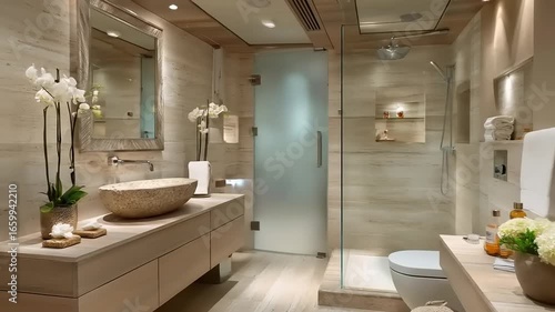 Luxurious, modern bathroom featuring a sophisticated design with natural stone, glass shower, and elegant details.
