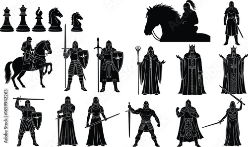 Medieval silhouette vector set, chess pieces and knight clipart, fantasy warrior illustration, sword and shield design, king and wizard character artwork