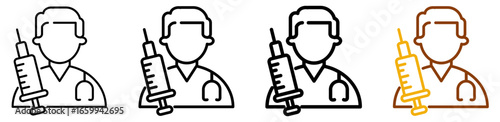 Doctor injection icon set in modern outline style for hospital dashboards, clinical healthcare platforms, and vaccination programs, featuring multistyle stroke and full color variation set
