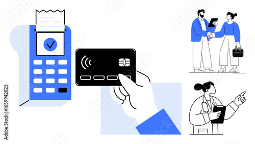 Hand using card with reader, receipt confirmation, handshake between professionals, and doctor consulting. Ideal for fintech, payment methods, professional services, technology, healthcare business
