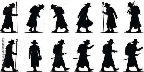 Traveler silhouette vector set, walking poses with backpack, sword and staff clipart, hat and coat wanderer illustration, journey character design elements