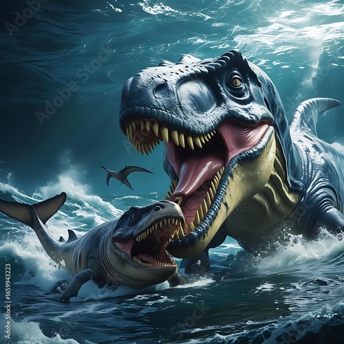 Ferocious prehistoric predators roaring in stormy ocean waves with massive jaws wide open dramatically