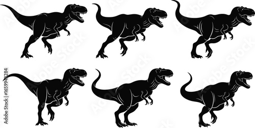 Tyrannosaurus rex silhouette vector set, T-rex dinosaur clipart, prehistoric predator illustration, roaring pose design, Jurassic theme artwork, black dino elements