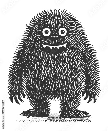 A charming, black furry monster smiles on a clean white background. Vintage style woodcut engraving linocut style vector illustration.