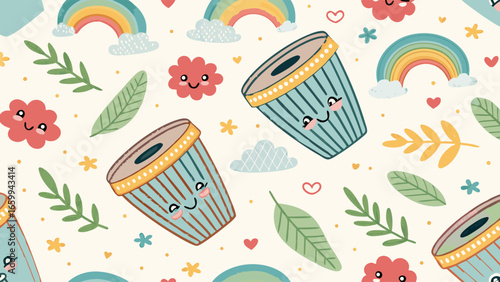 Charming Cartoon Seamless Pattern Featuring Cute Drums with Happy Faces and Rainbows amidst Lush Green Leaves and Clouds
