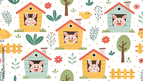 Adorable Farm Animals Seamless Pattern Pigs, Rabbits, Chickens & Houses