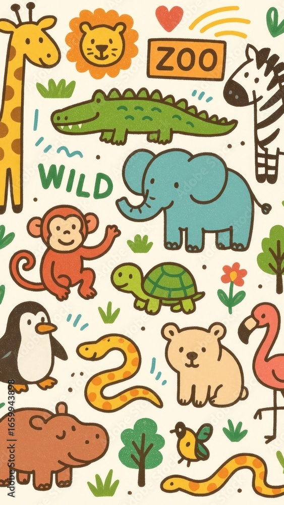 Obraz premium Colorful cartoon zoo animals illustration.