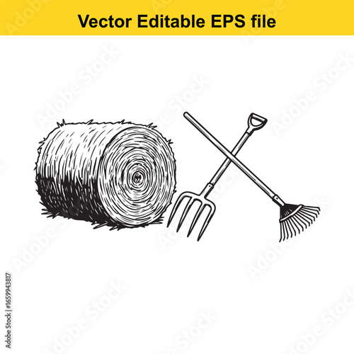 Hay bale with pitchfork and rake isolated on white background