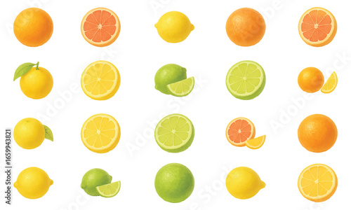 Colorful Citrus Fruit Collection - Oranges, Lemons, and Limes with Slices and Leaves