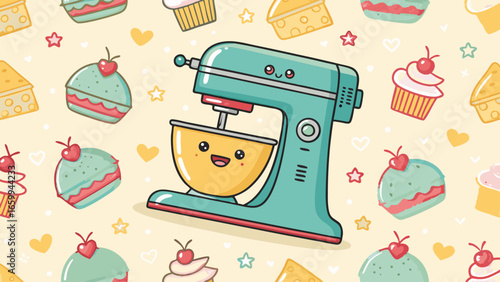 Delightful pastel kitchen scene with a cheerful mixer and charming sweet treats
