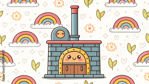 Cute kawaii smiling brick furnace on a whimsical seamless pattern with rainbows