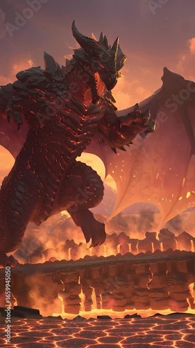 Vertical video dragon roaring amidst a fiery and smoky landscape. Perfect for representing themes of power, myth, legend, and adventure.