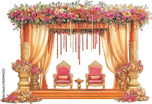 Ornate Wedding Mandap with Pink and Orange Flowers and Gold Drapes altar ceremony