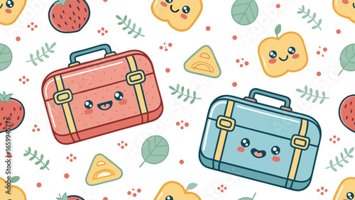 A charming seamless pattern of kawaii travel suitcases and happy fruit friends