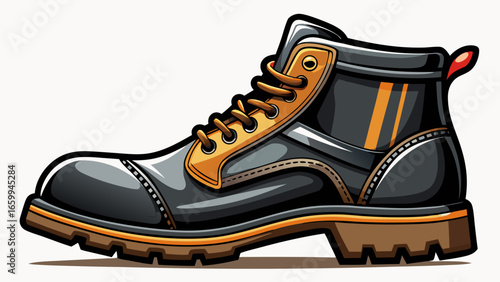 Stylish black safety boot isolated on white background. High quality leather and durable sole. Modern design. Suitable for various styles. Perfect for