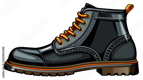 Stylish black safety boot isolated on white background. High quality leather and durable sole. Modern design. Suitable for various styles. Perfect for