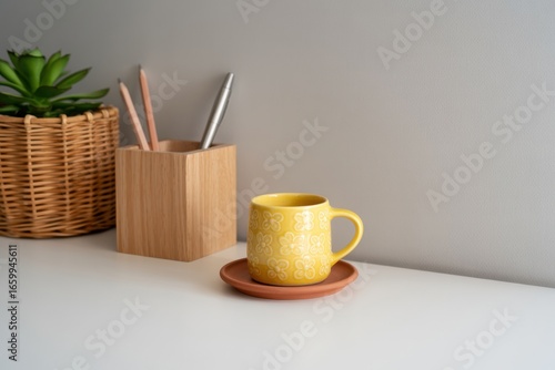 Yellow floral mug on saucer wooden pen holder succulent in wicker basket minimalist workspace aesthetic