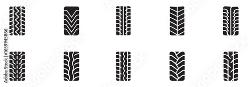 Car tire tracks vector, icon design. Tire tracks, rubber wheels, and braking marks. Truck, car, tread pattern silhouettes. Perfect for auto racing, speed-related designs. Vector Illustration. EPS 10