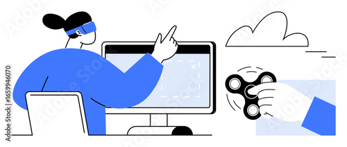 Person wearing VR headset interacting with virtual screen, hand spinning fidget spinner, and cloud in background. Ideal for technology, innovation, gaming, education, creativity, futuristic concepts